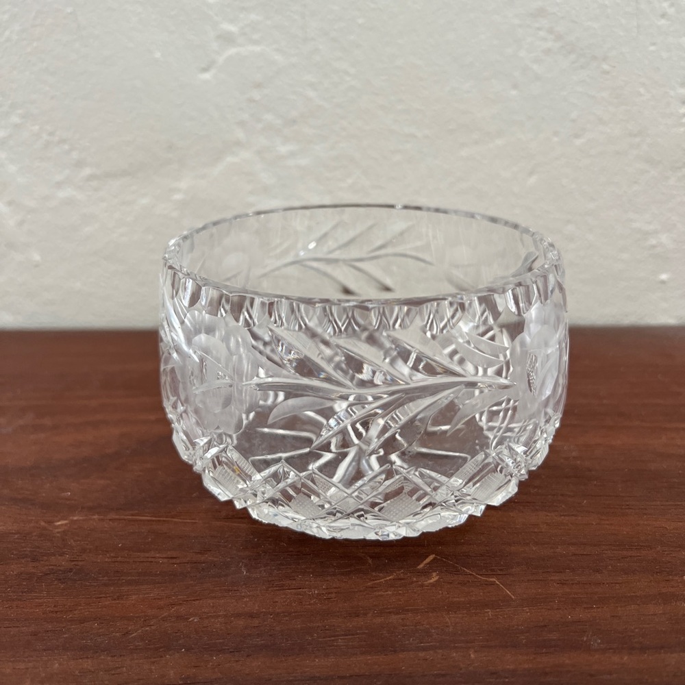 Vintage antique cut crystal etched floral rose bowl trinket dish